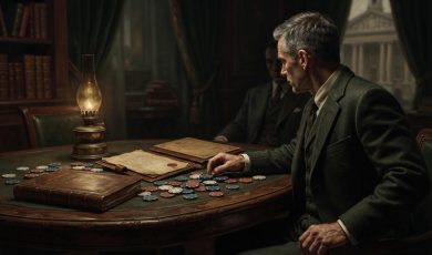 A man in a suit sits at a dark wooden table with poker chips and leather-bound documents in a dimly lit, vintage-style study.