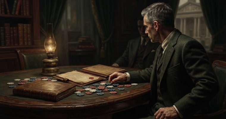 A man in a suit sits at a dark wooden table with poker chips and leather-bound documents in a dimly lit, vintage-style study.