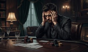 A man in a suit sits at a dark wooden table in a room with a fireplace, looking stressed with his hands on his head near gambling chips.