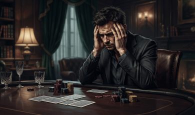 A man in a suit sits at a dark wooden table in a room with a fireplace, looking stressed with his hands on his head near gambling chips.