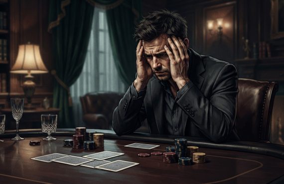 A man in a suit sits at a dark wooden table in a room with a fireplace, looking stressed with his hands on his head near gambling chips.