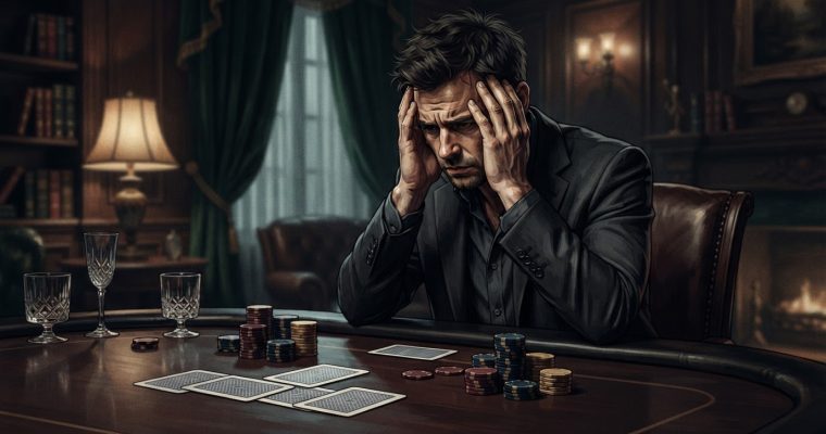 A man in a suit sits at a dark wooden table in a room with a fireplace, looking stressed with his hands on his head near gambling chips.
