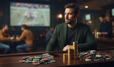A bearded man in a green blazer sits at a bar counter covered with stacks of gambling chips in a dim, sports-themed pub setting.