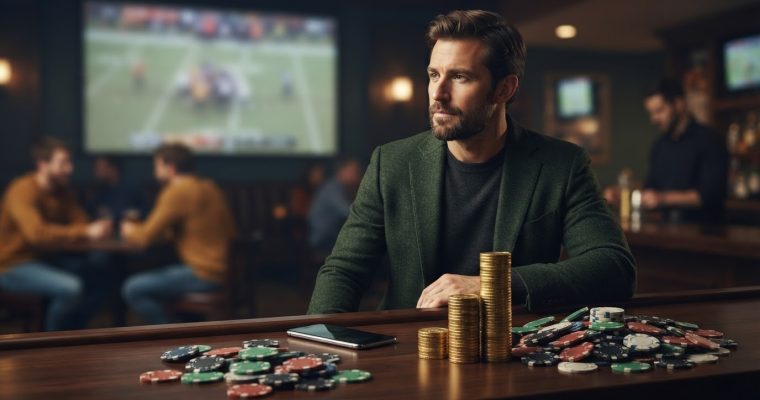 A bearded man in a green blazer sits at a bar counter covered with stacks of gambling chips in a dim, sports-themed pub setting.