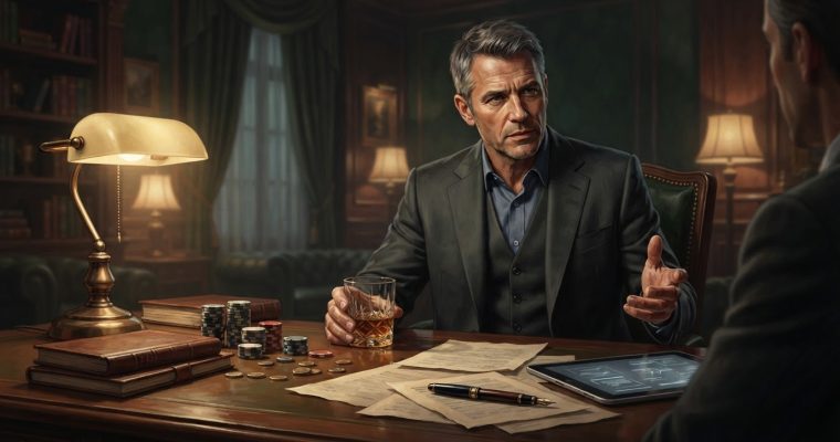 A middle-aged man in a suit sits at a desk in a dark, scholarly office, holding a glass and speaking to an unseen person.