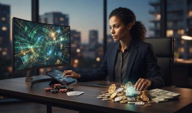 A woman in a blazer works at a desk featuring a computer screen, a tablet, stacks of casino chips, and stacks of cash.