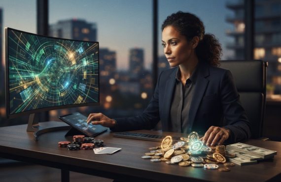 A woman in a blazer works at a desk featuring a computer screen, a tablet, stacks of casino chips, and stacks of cash.