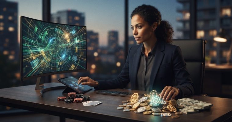 A woman in a blazer works at a desk featuring a computer screen, a tablet, stacks of casino chips, and stacks of cash.