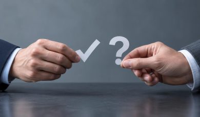 Two hands wearing suit jackets hold up white cardboard cutouts of a check mark and a question mark against a gray background.