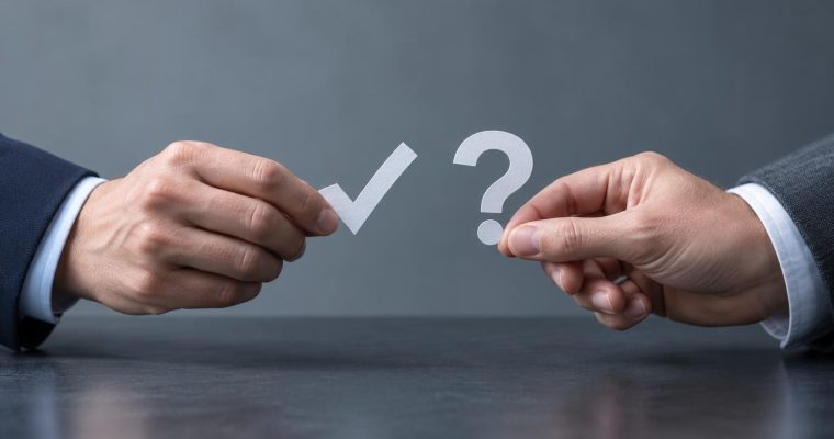 Two hands wearing suit jackets hold up white cardboard cutouts of a check mark and a question mark against a gray background.