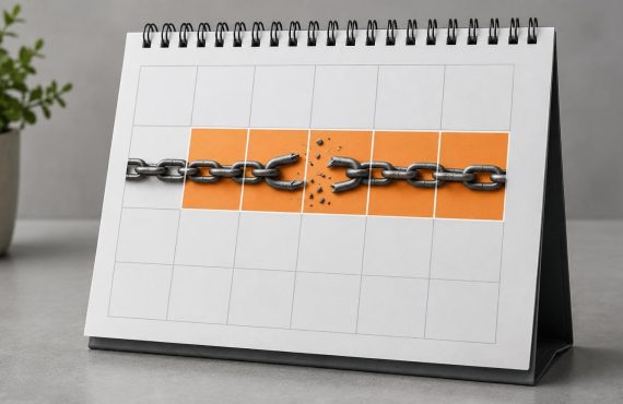 A desk calendar shows a series of grid squares, with a broken metal chain stretched across the center row on orange backgrounds.