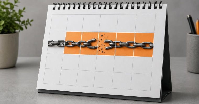 A desk calendar shows a series of grid squares, with a broken metal chain stretched across the center row on orange backgrounds.