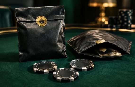 Two black pouches with gold spade seals and three black poker chips sit on a green velvet poker table.