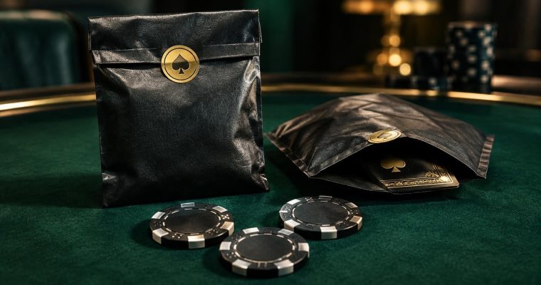 Two black pouches with gold spade seals and three black poker chips sit on a green velvet poker table.