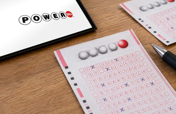 The Powerball logo: Powerball lottery ticket close-up