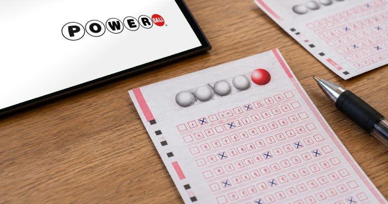 The Powerball logo: Powerball lottery ticket close-up