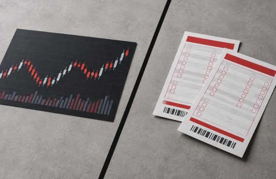 A financial candlestick chart showing market trends is placed next to two blank betting slips on a gray surface.