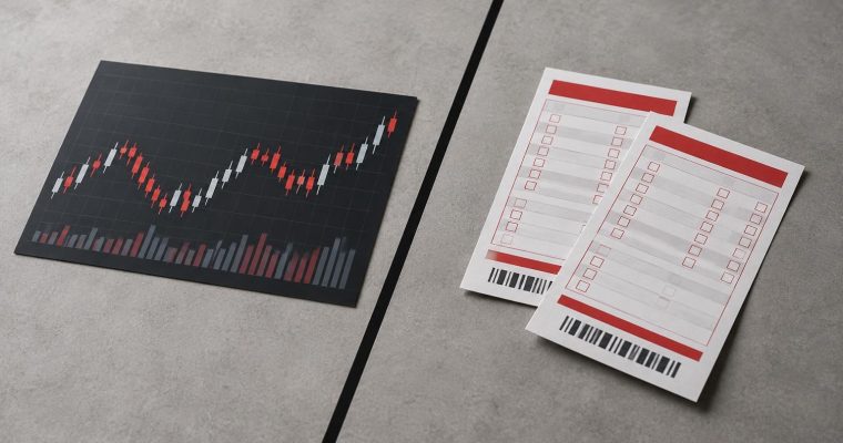 A financial candlestick chart showing market trends is placed next to two blank betting slips on a gray surface.