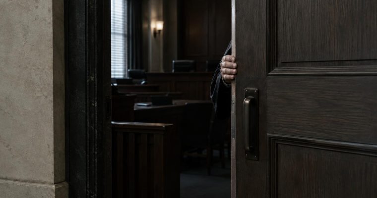 A person in dark clothing opens a large wooden door, revealing a dimly lit courtroom interior.