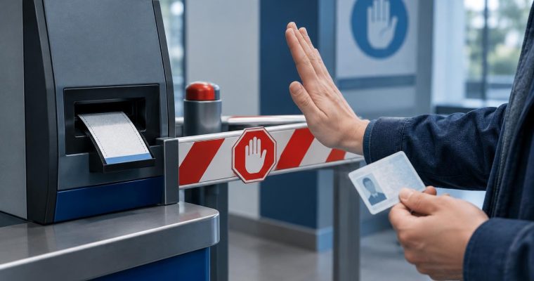 A person holds up a hand to stop at a security gate while holding an identification card near a ticket dispensing machine.