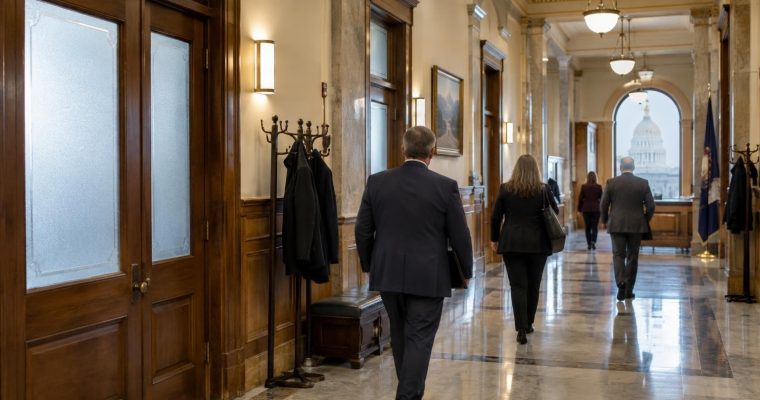 Three people in business attire walk down a long, wood-paneled hallway leading towards a window view of the U.S. Capitol dome.