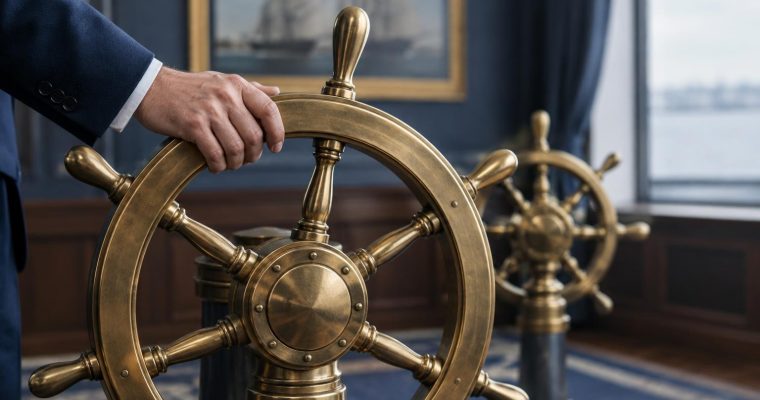 A person in a business suit rests their hand on a polished brass ship steering wheel inside an office.