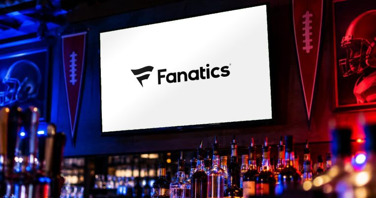 The Fanatics, Inc. logo: Fanatics Casino NFL blackjack promo on a TV screen