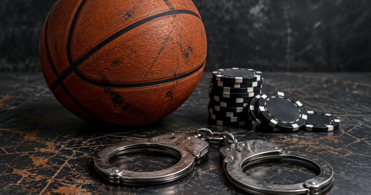 A basketball, a stack of black poker chips, and metal handcuffs rest on a dark, textured surface.