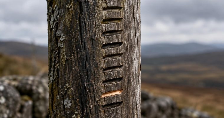 A close-up shot of a weathered wooden post with carved notches, set against a blurry background of a hilly landscape.