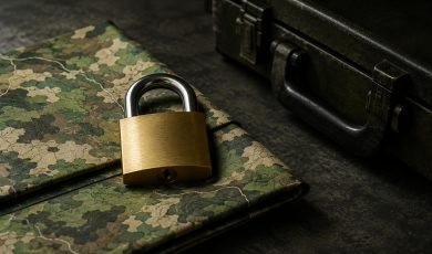 A brass padlock sits atop a folded piece of camouflage fabric, with a dark equipment case positioned in the background.
