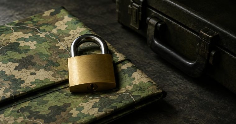 A brass padlock sits atop a folded piece of camouflage fabric, with a dark equipment case positioned in the background.