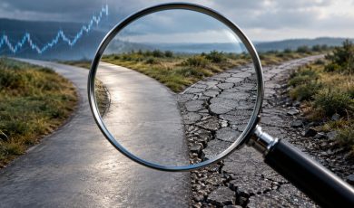 A magnifying glass focuses on a split road, one path paved and the other cracked, with a financial line graph overlaid in the sky.