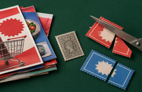Scissors cut red and blue paper stamps on a green surface near a stack of printed materials featuring shopping imagery and a vintage-style postage stamp.