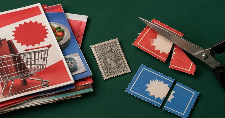Scissors cut red and blue paper stamps on a green surface near a stack of printed materials featuring shopping imagery and a vintage-style postage stamp.