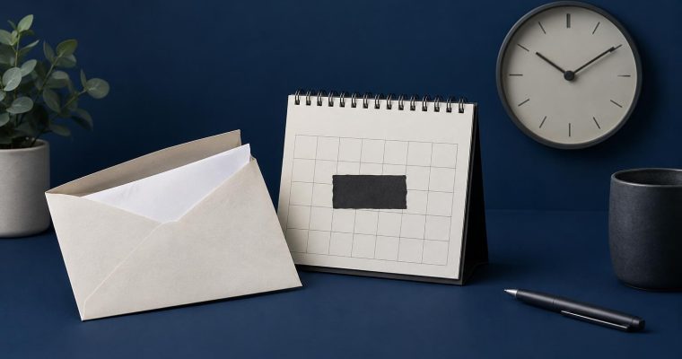 A desk scene featuring an open envelope, a desk calendar with a blank space, a pen, a cup, and a wall clock against a dark blue background.