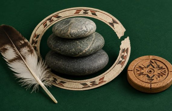 A stack of three grey stones rests inside a circular carved wooden frame alongside a feather and a carved wooden disc on a green surface.