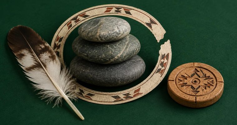 A stack of three grey stones rests inside a circular carved wooden frame alongside a feather and a carved wooden disc on a green surface.