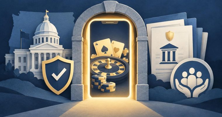 An illustrative image features a stone archway containing a smartphone with casino game elements like playing cards, a roulette wheel, and stacked chips.