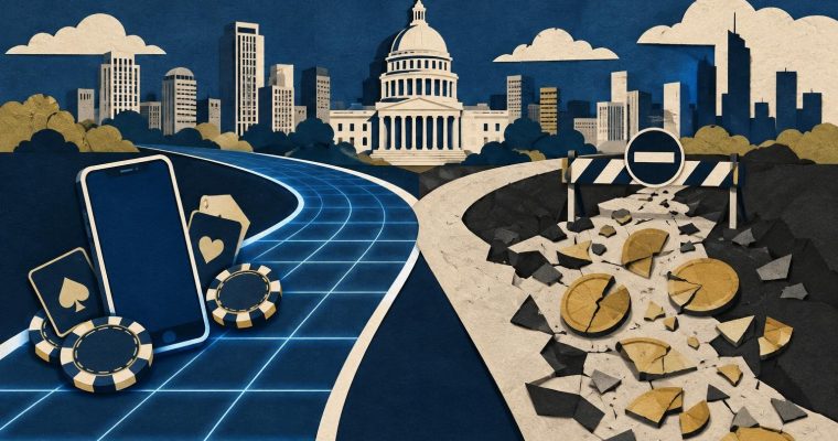 An illustration showing a path toward the U.S. Capitol building splitting into a digital road with gambling tokens and a crumbling road with broken coins.