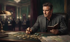 A man in a suit sits at a desk with gambling chips and a notepad in a dim, formal room.