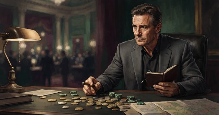 A man in a suit sits at a desk with gambling chips and a notepad in a dim, formal room.