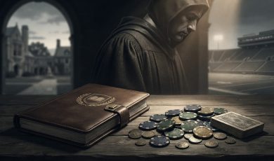 A person wearing a hooded robe looks down at a table containing a leather-bound book, a pile of casino chips, and a deck of cards.