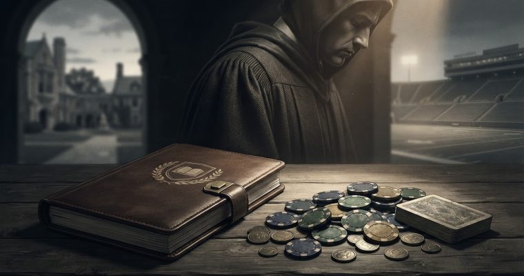 A person wearing a hooded robe looks down at a table containing a leather-bound book, a pile of casino chips, and a deck of cards.