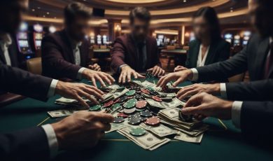 Several people in business suits sit around a casino table covered in stacks of paper money and gambling chips.