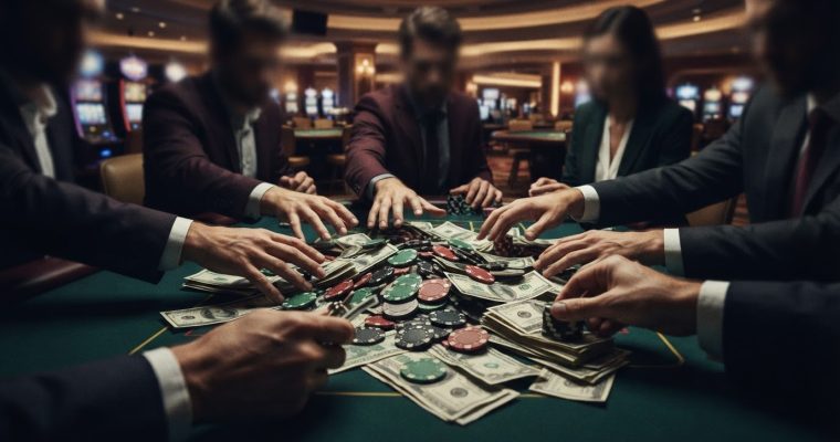 Several people in business suits sit around a casino table covered in stacks of paper money and gambling chips.