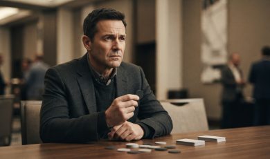 A man in a suit sits at a table holding a blank poker chip, with other chips and card decks scattered before him.
