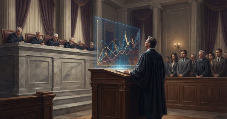 A judge stands at a podium in a courtroom, looking at a large holographic financial graph projected before him as other judges observe.