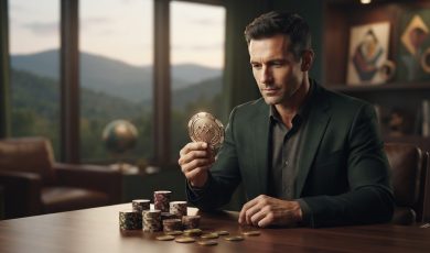 A man in a dark suit sits at a desk in an office with stacks of gambling chips and holds a single, custom commemorative token.