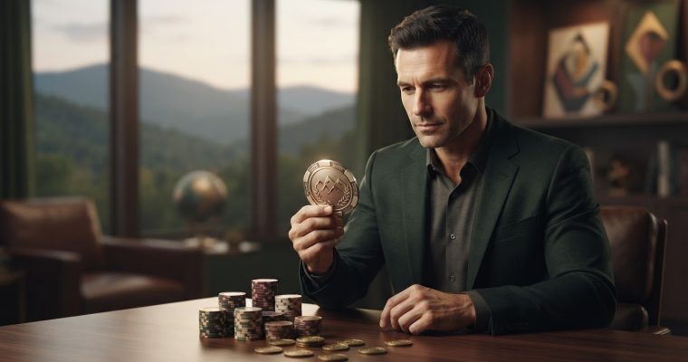 A man in a dark suit sits at a desk in an office with stacks of gambling chips and holds a single, custom commemorative token.