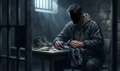 A man in a hooded jacket sits at a table in a prison cell with a pair of athletic shoes and money in front of him.